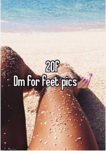 A picture with a text of asking DM to buy feet pics on whisper app