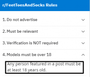 Guidelines of some renowned feet pic selling subreddit confirming that you can sell feet pics if you are 18 years old 