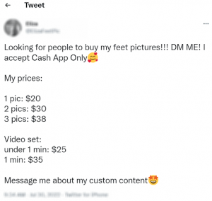 Screenshot of feet pic seller on Twitter