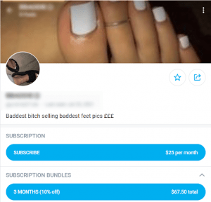 screenshot of onlyfans model where creator make money by selling feet pics through subscription