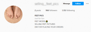 Screenshot of Instagram feet pic seller profile bio mentioning about 