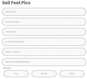 screenshot of seller creating an account to sell feet pics